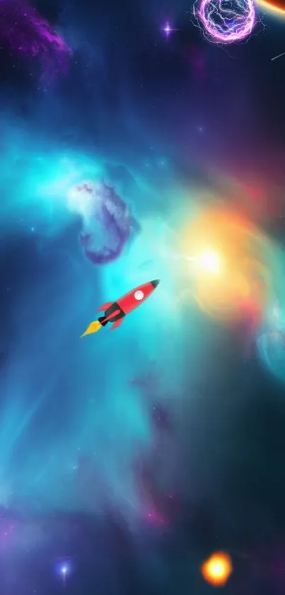 Colorful space wallpaper with rocket flight