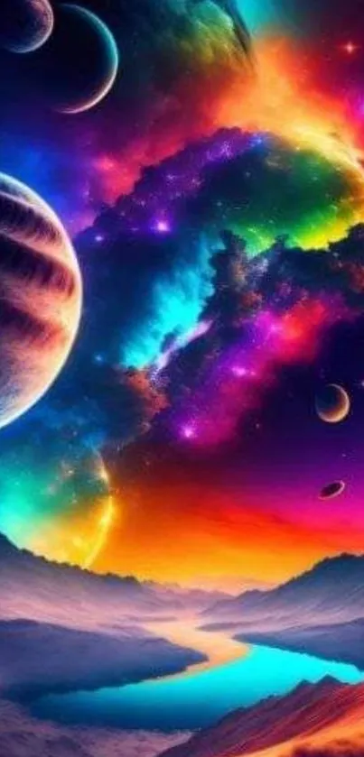 Vibrant cosmic wallpaper with colorful planets and bright galaxies.