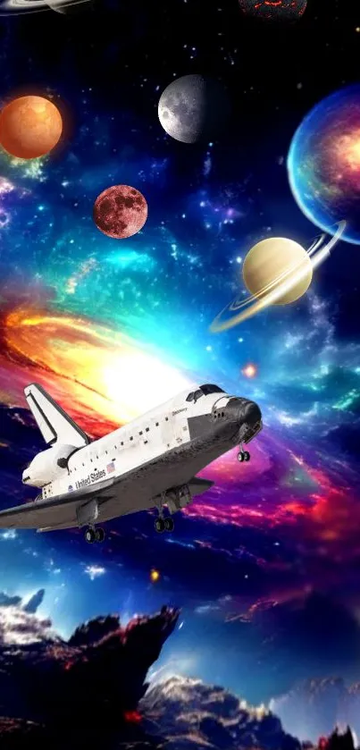 Space shuttle exploring vibrant galaxy with planets.