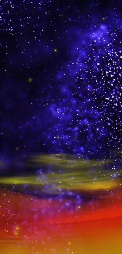 Vibrant galaxy wallpaper with purple, yellow, and red hues for mobile screens.