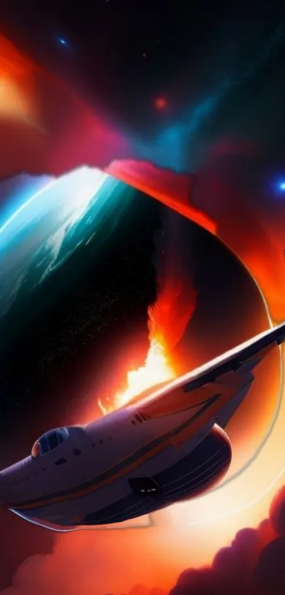 Vibrant wallpaper of a spacecraft journey through space with fiery colors and planets.