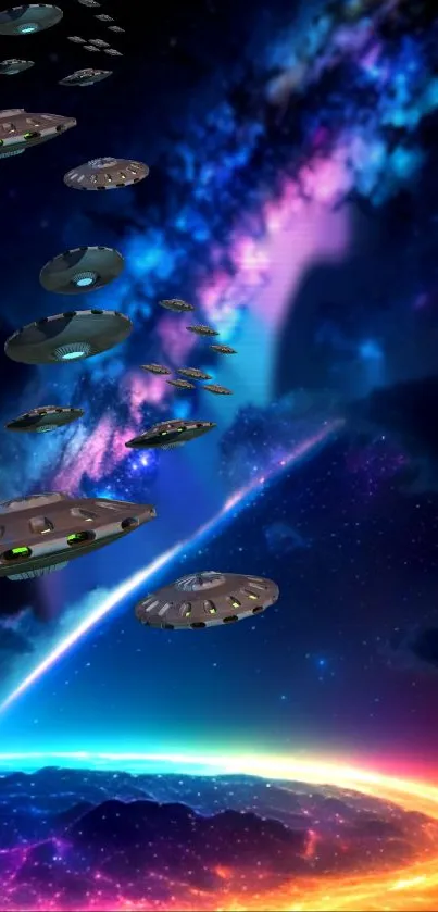 Fleet of UFOs in colorful galaxy space scene.