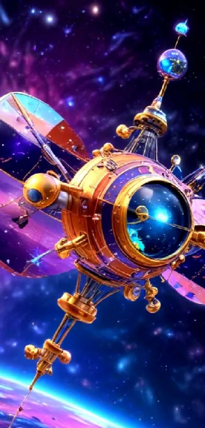 Colorful spacecraft floating in a vibrant galaxy
