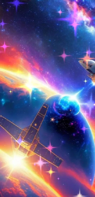 Vibrant space scene with spaceships and galaxy in bright cosmic colors.