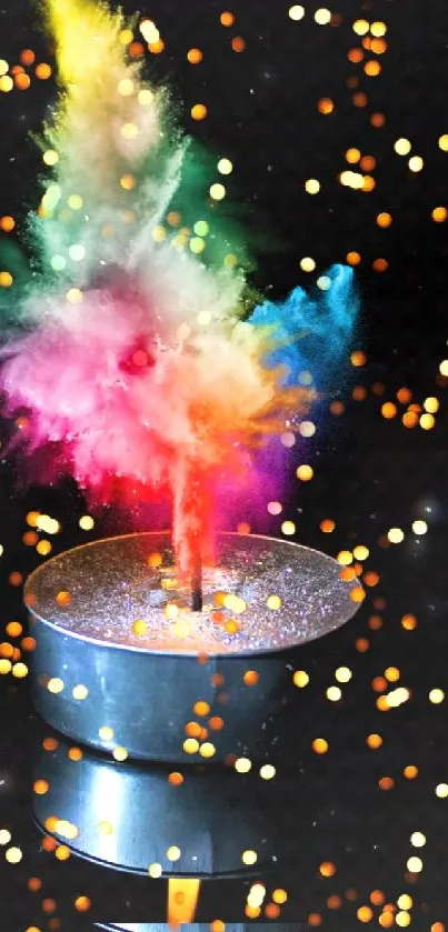 Vibrant sparkler candle against a dark background, bursting in colorful flames.