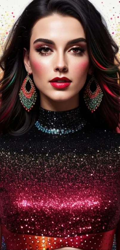 Colorful glittering fashion art wallpaper with vibrant red and sparkling accents.