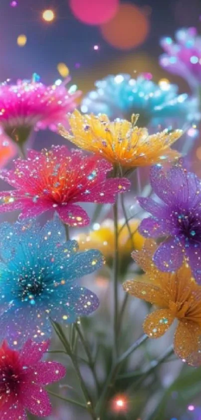 Sparkling colorful flowers with vibrant bokeh background.