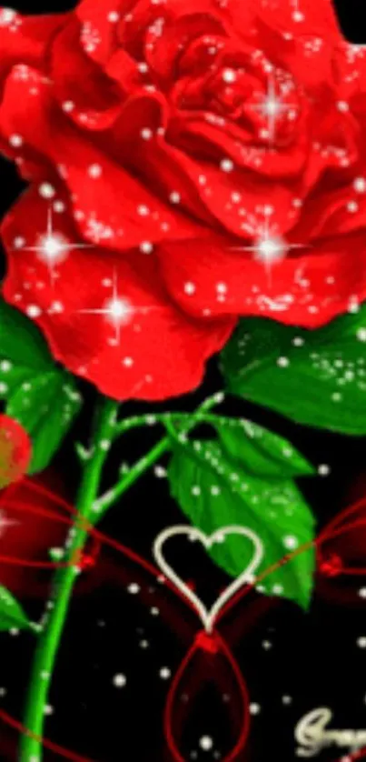 Vibrant red rose wallpaper with sparkles and green leaves.