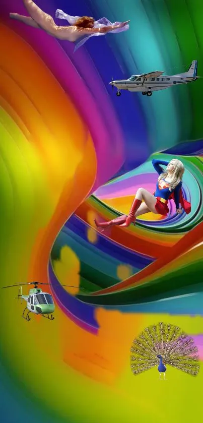 Colorful fantasy wallpaper with a swirling rainbow and surreal figures.