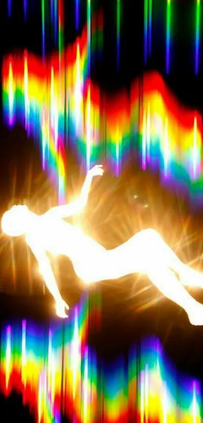 Glowing figure with rainbow spectrum light on black background.