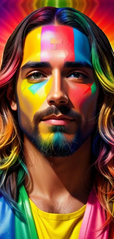 Colorful portrait wallpaper with vibrant rainbow hues and dynamic patterns.