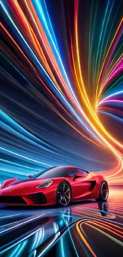 Red sports car with vibrant neon light trails.