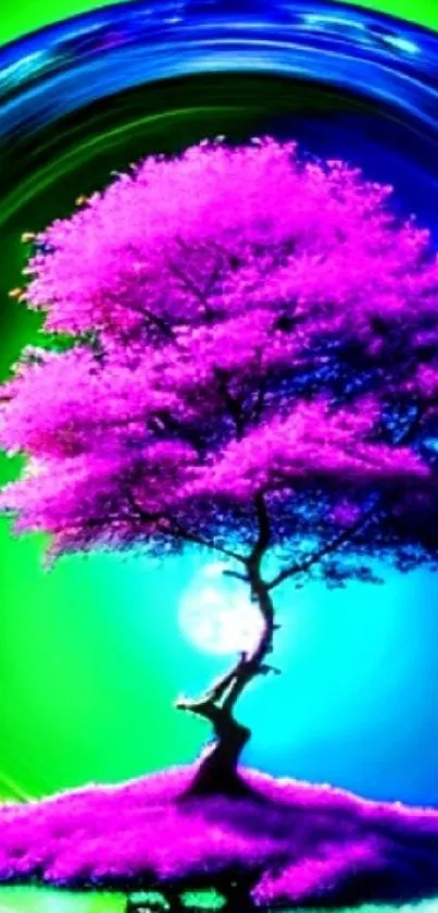 Fluorescent pink tree in glowing green and blue sphere art.