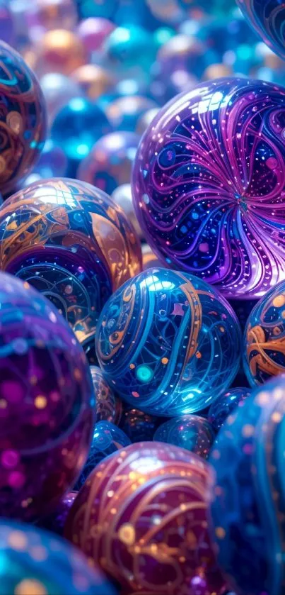 Colorful abstract spheres with geometric designs.