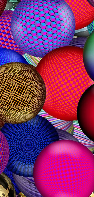 Colorful abstract wallpaper with vibrant red and geometric patterned spheres.