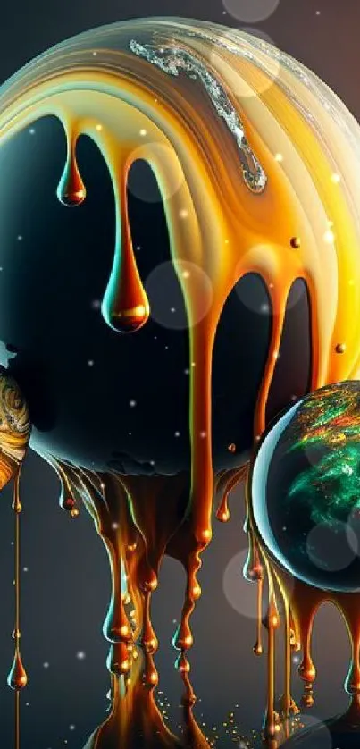 Vibrant abstract spheres with dripping liquid effect in orange tones.