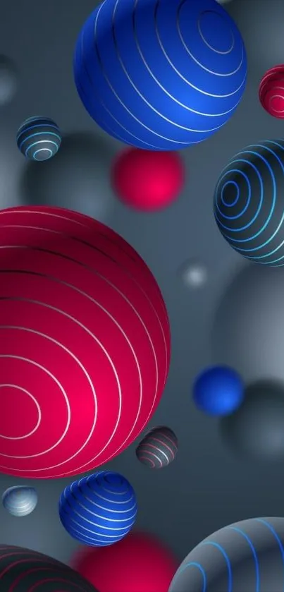 Colorful 3D spheres wallpaper in red, blue, and gray tones.