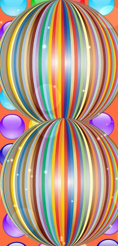 Colorful striped spheres on vibrant background.