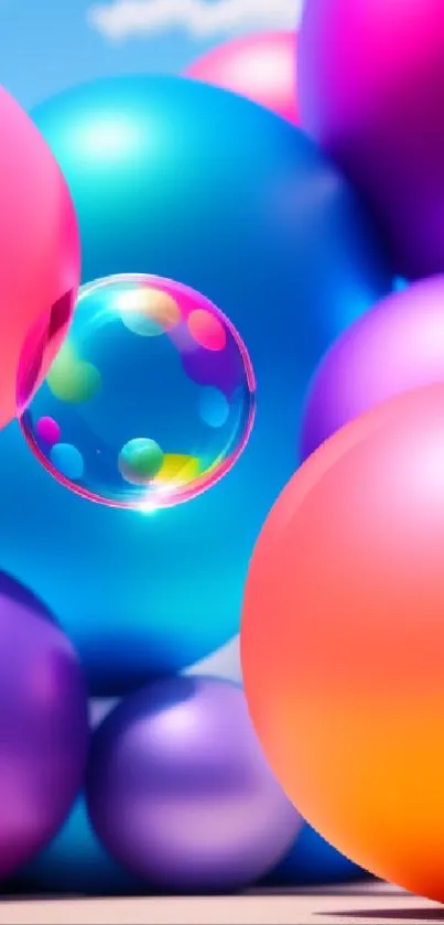 Vibrant spheres and bubble on a bright blue sky.