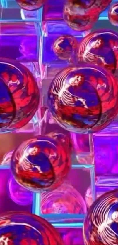 Abstract red spheres on a neon grid background