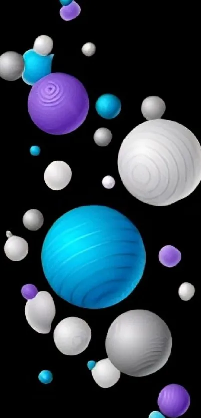 Abstract wallpaper with vibrant blue, purple, and white spheres on black.