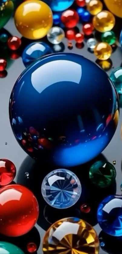 Vibrant and colorful spheres on a reflective surface.