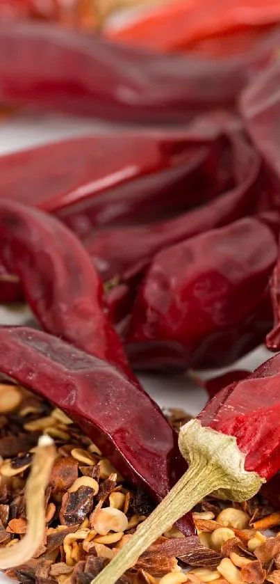 Close-up of vibrant red chili peppers on a white surface.