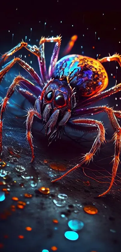 Colorful spider with neon glow on dark background.