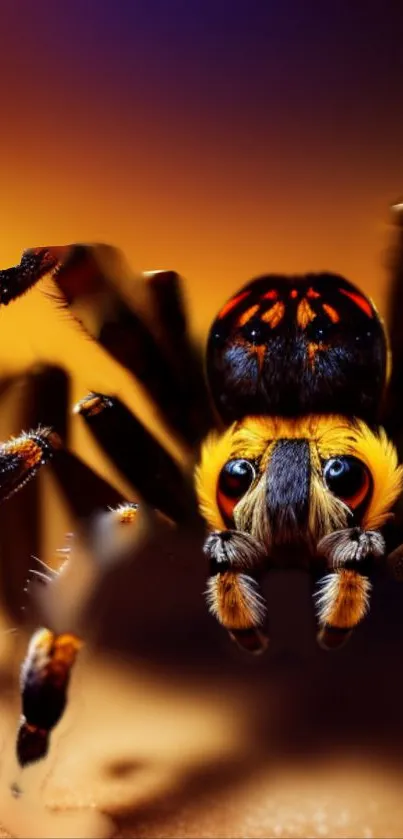 Close-up of a vibrant orange spider on an artistic background.