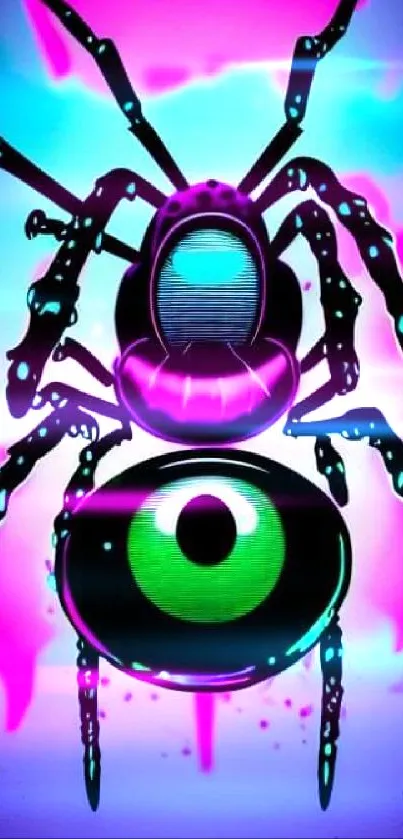 Colorful abstract spider with eye on neon background.