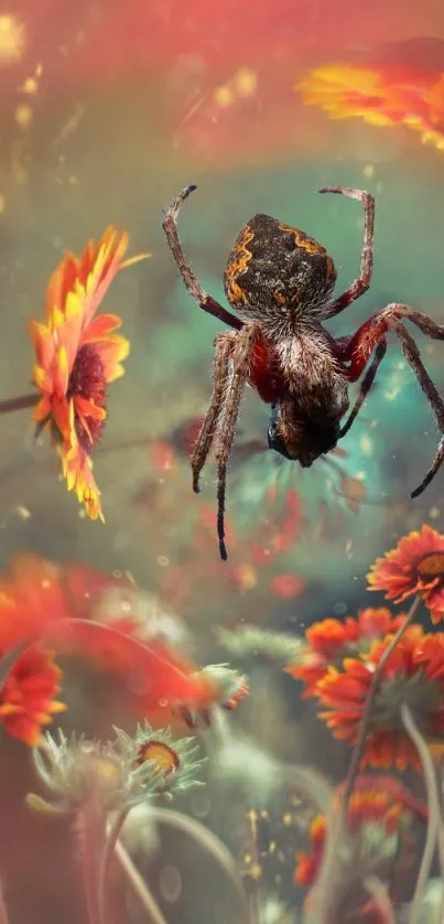 Vibrant wallpaper with spider and colorful flowers.