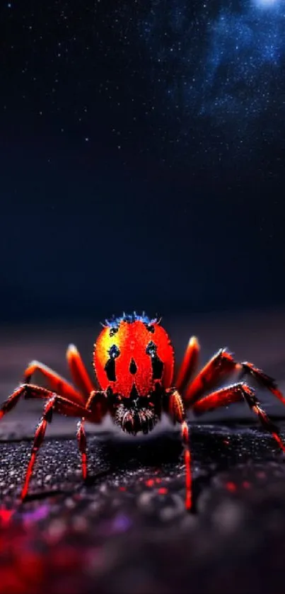 Red spider under a starry galaxy sky wallpaper.