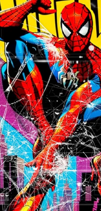 Dynamic spider hero artwork with vivid colors on a cityscape background.