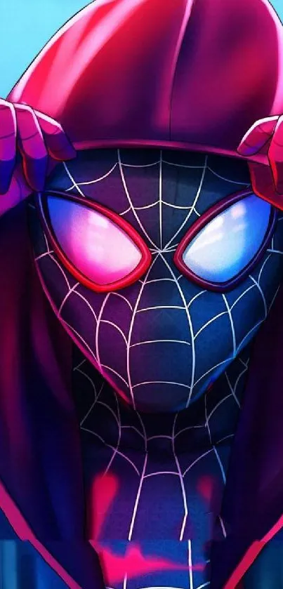 Neon spider hero with stylish mask in crimson and blue hues.