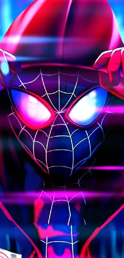 Vibrant Spider Hero art with pink and blue hues.