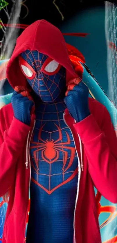 Colorful superhero in red hoodie with spider mask.