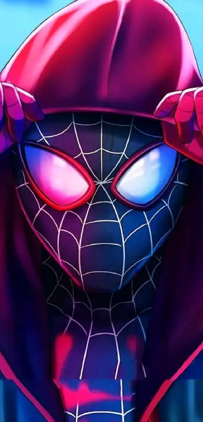 Vibrant Spider-Man inspired hero in a red hood on a mobile wallpaper.