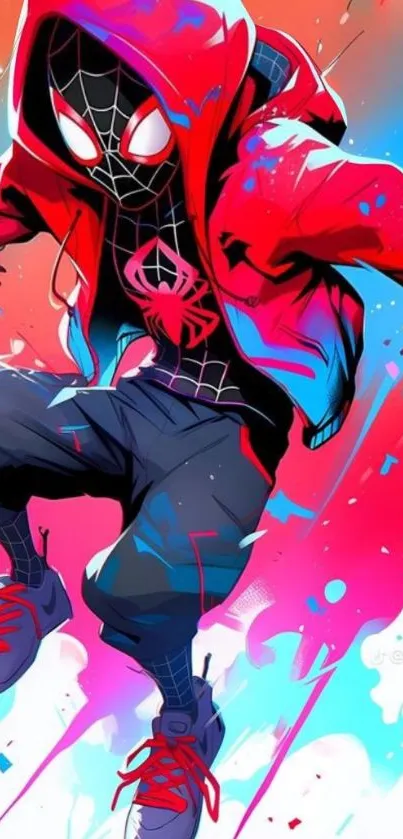 Vibrant Spider-themed character leaping in a dramatic red and blue design.