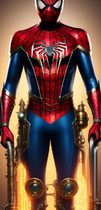 Vibrant red and blue superhero standing confidently in bold attire.