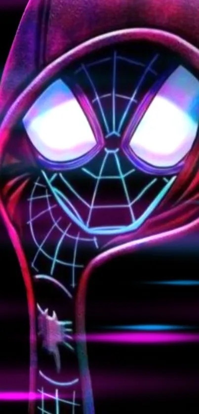 Hooded spider figure with glowing eyes and vibrant neon background.