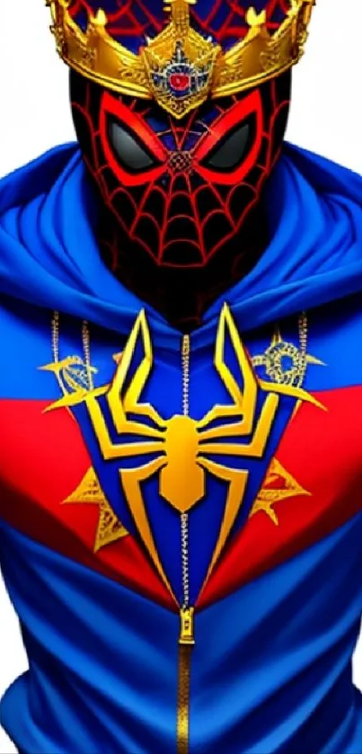 Vibrant Spider King design with bold colors and crown on phone wallpaper.