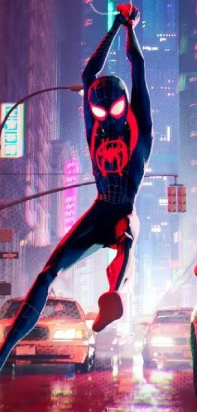 Spider-Man swinging through bright, neon cityscape at night.