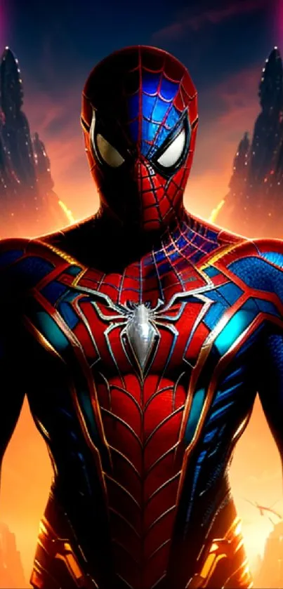 Vibrant Spider-Man superhero wallpaper with urban backdrop and striking colors.