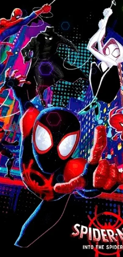 Colorful Spider-Man characters in a neon city scene, Into the Spider-Verse theme.