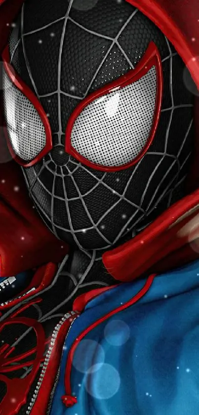 Spider-Man in black suit with vibrant red hood design.