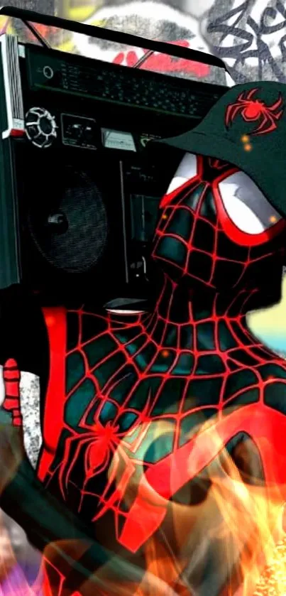 Spider-Man in urban graffiti style carrying a boombox.