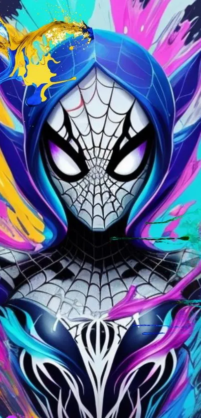 Vibrant abstract Spider character wallpaper with colorful splashes.