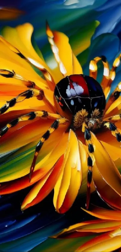 Artistic spider and flower wallpaper with vibrant colors.