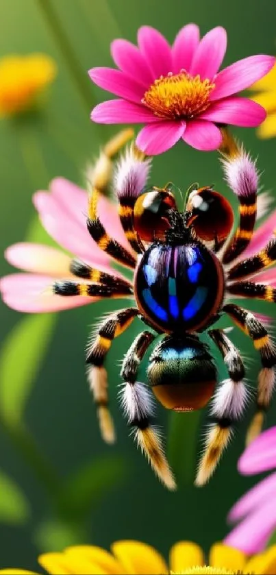 Colorful spider perched on vibrant flowers with a green background.