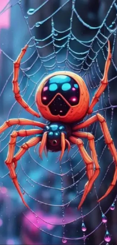 Vibrant spider on colorful web with cityscape backdrop